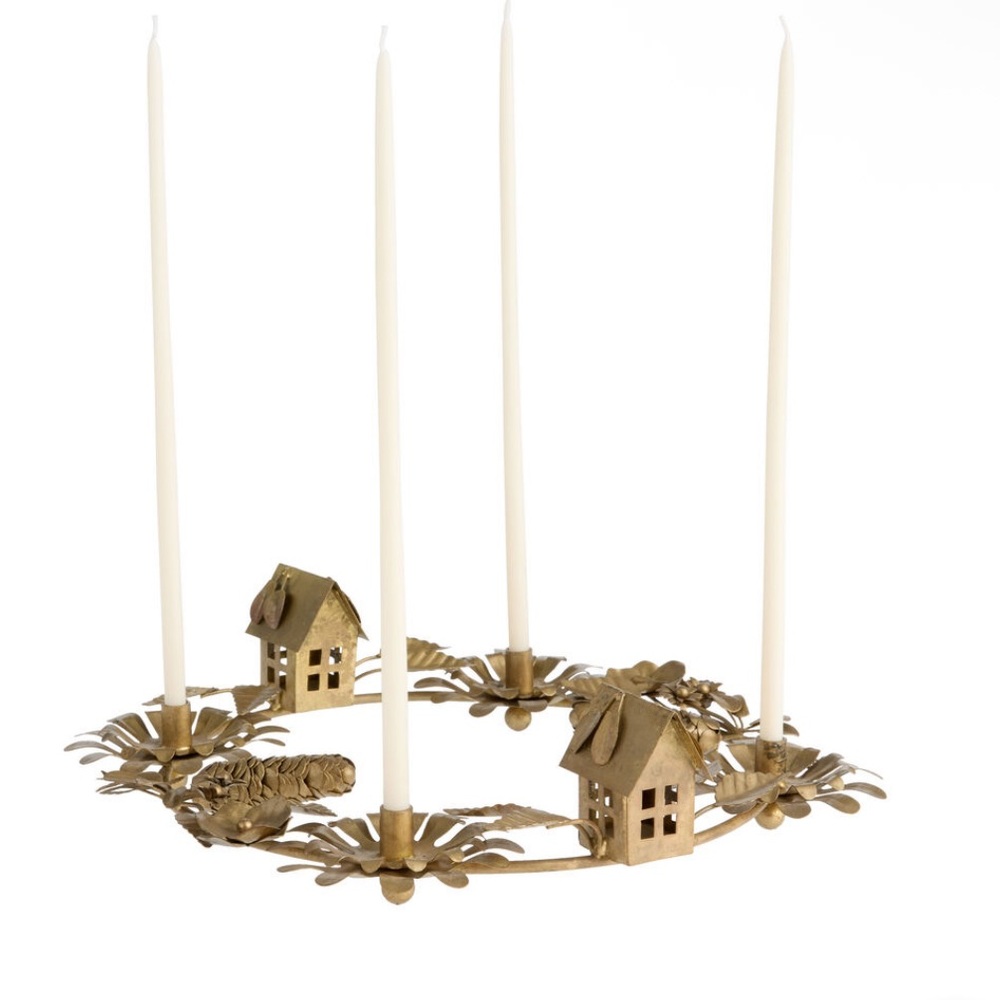 World Market Antique Gold Autumn Wreath Narrow Taper Candle Holder - Picture 1 of 4